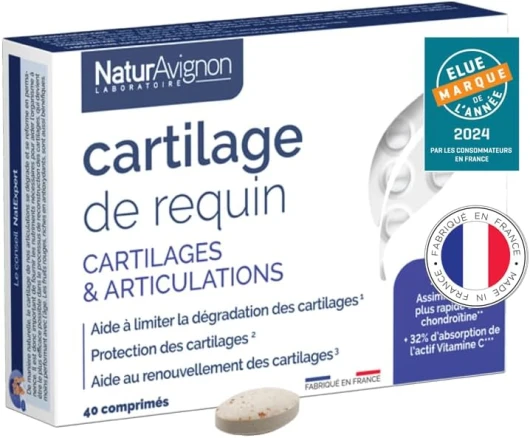 NaturAvignon Cartilage de Requin - Articulation + Protection des cartilages - Glucosamine Chondroïtine Vitamine C, D manganèse - 3 brevets - 40 comprimés