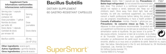 Bacillus Subtilis - 3.1 Milliards CFU - Améliore les Défenses Naturelles - Contribue à Lutter contre les Bactéries et Micro-Organismes Pathogènes - Vegan - Supersmart