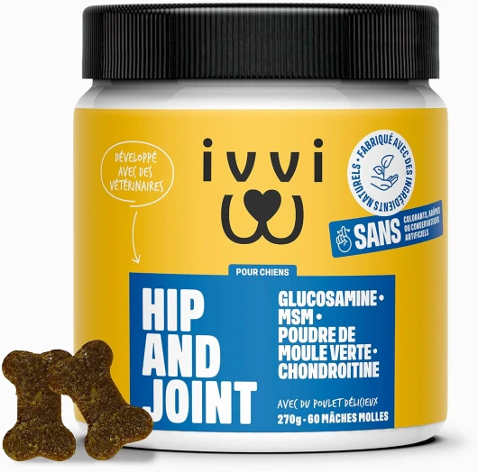 Hip and Joint - Articulations, Anti-Arthrose - Complément Alimentaire pour Chien, Hautement Concentré - MSM, Moule à Lèvres Vertes, Glucosamine - 60 Friandises au Poulet, 270g