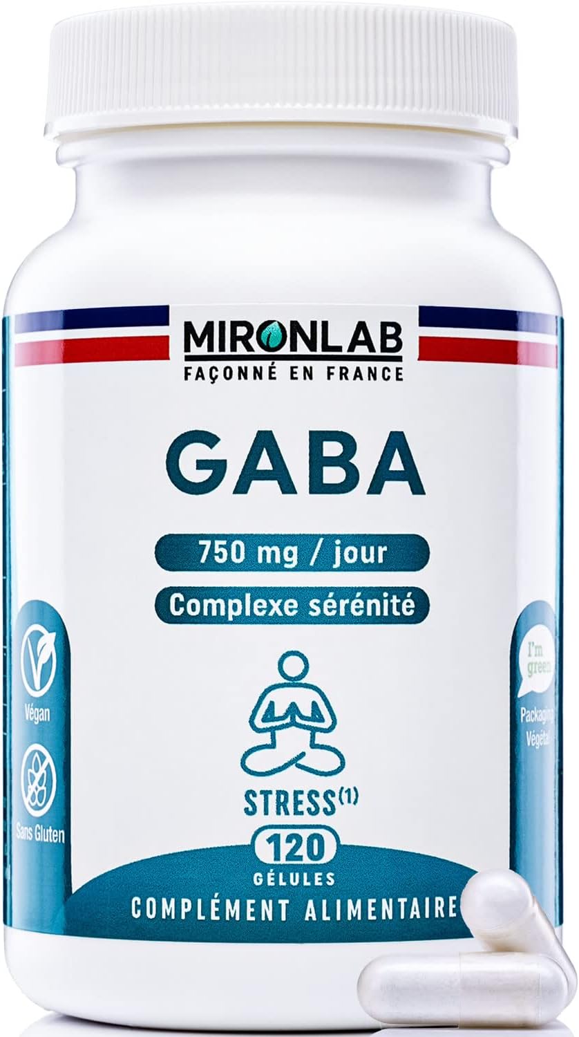 GABA Pur 750mg - Anti stress adulte enrichie en Magnésium & Vitamine B6-120 gélules / 2 mois - Favorise Sommeil, Sérénité et Détente - Laboratoire Français MIRONLAB