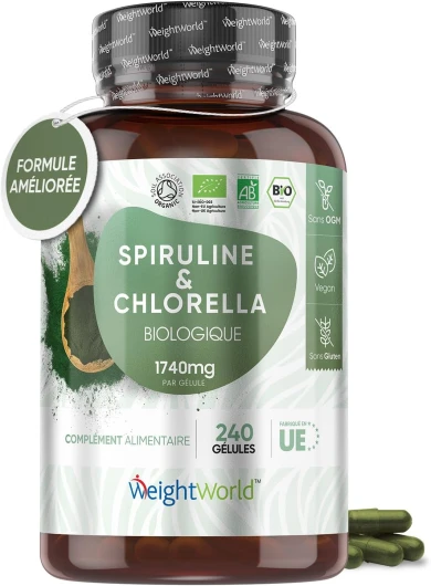 Spiruline Chlorella Bio Extra Fort - 240 Gélules Vegan MultiUsages - Riche Vitamines, Minéraux & Omega 3 Vegan - Super Greens Powder Spiruline Poudre & Chlorella Poudre
