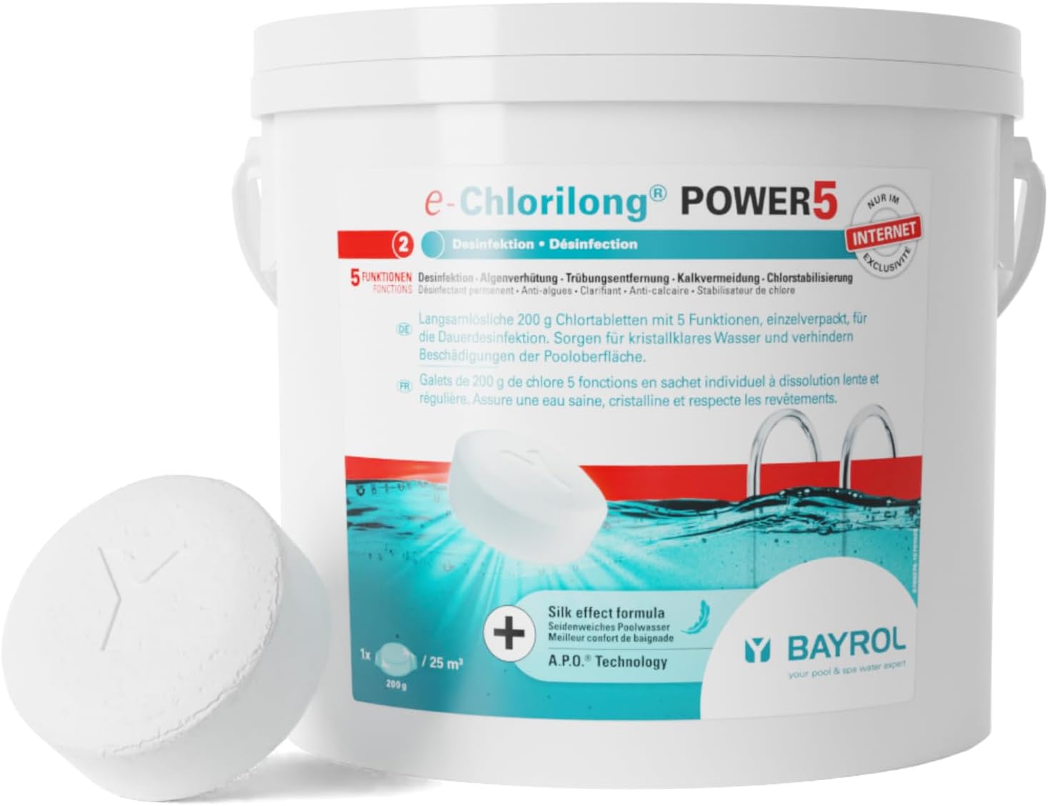 E-Chlorilong POWER5 5 kg - Galets de Chlore Multifonction 200 g - Traitement 5 Fonctions en Un Seul Geste - pour Tous Types de filtres - Formule Silk Effect