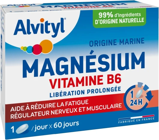 Magnésium 300mg + Vitamine B6 - Libération Prolongée - Diffusion lente et progressive - Magnésium d'origine Marine - Stress, Fatigue, Irritabilité - Fabriqué en France - Comprimés 60 jours