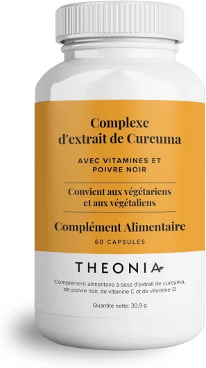 Complément alimentaire Complexe à l'extrait de curcuma de Theonia - Vitamine D3 et C, Poivre noir - Contribue à la bonne santé des muscles, des articulations et des os - 60 gélules - 200 mg