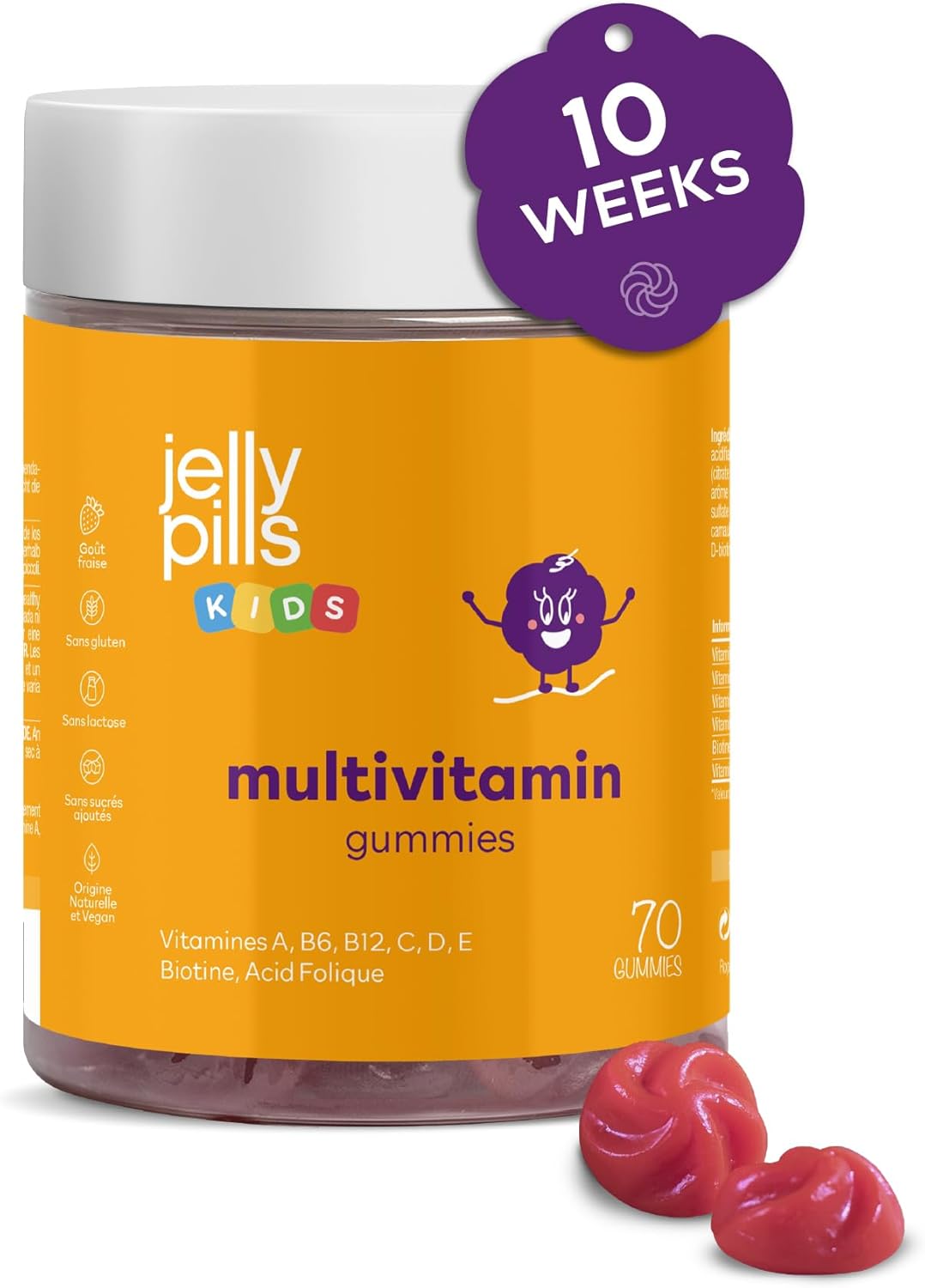 Multivitamines et Minéraux 70 Gummies Enfants - Sans Sucres Ajoutés - Arôme de Fraise pour 10 semaines - Avec Toutes les Vitamines A B C D E Biotine Acide Folique Zinc Iode et Magnésium
