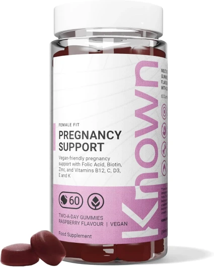 Gummies Known Soutien Grossesse – Multivitamines – 400µg Acide Folique – Pour la Santé Maternelle – Saveur Framboise – 60 Gummies Vegan, 1 Mois