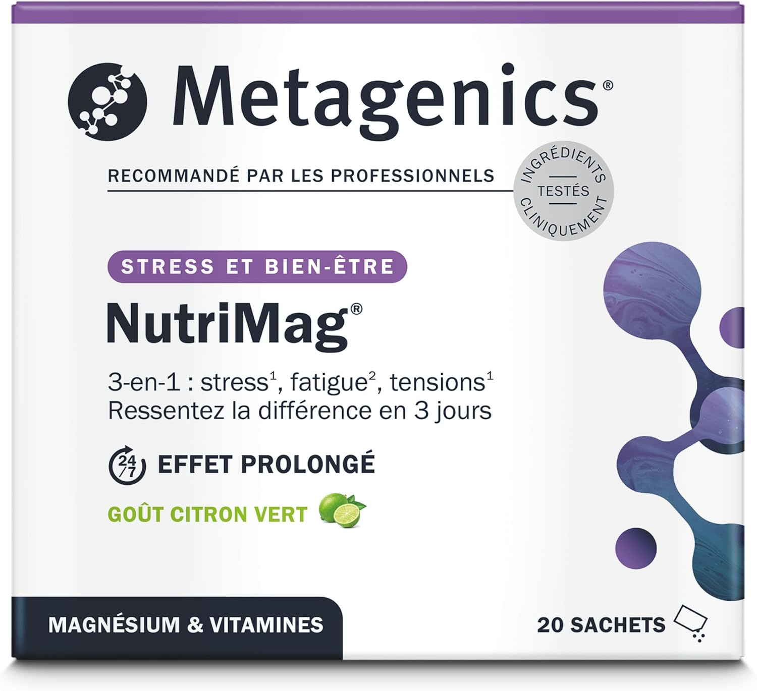 NutriMag - Triple Action en poudre - Stress, Fatigue, Tensions - Magnésium, Vitamine D & B6, Folate - 20 sachets - 20 Jours