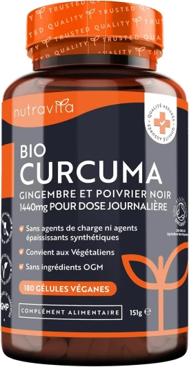 Curcuma Bio 1440mg au Poivre Noir et Gingembre - 180 Capsules Véganes - 3 mois d'approvisionnement - Conçu pour une meilleure absorption de la curcumine - Fabriqué au Royaume-Uni par Nutravita