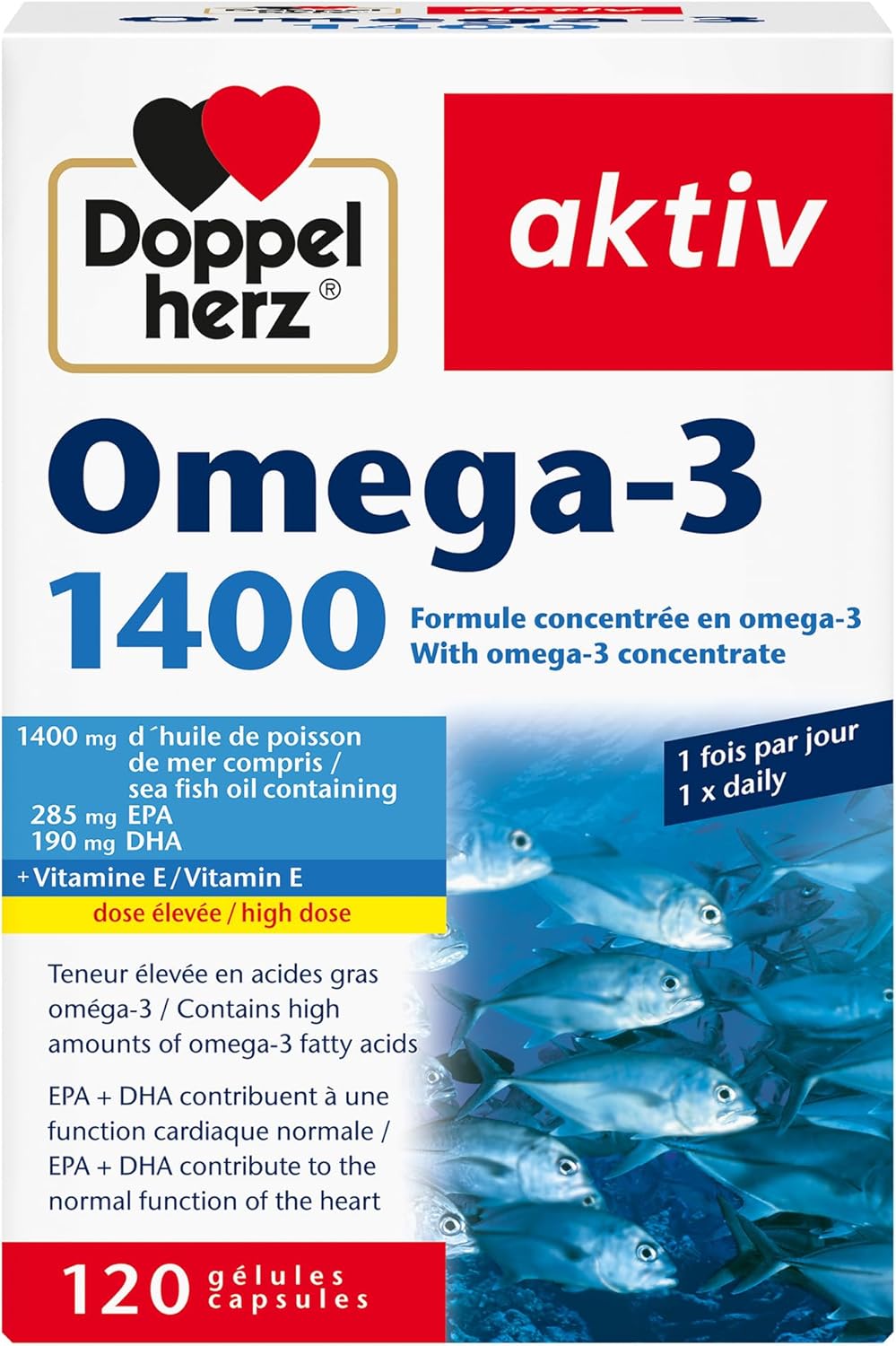 Omega-3 1400 – Teneur élevée en acides gras Oméga 3 EPA et DHA & vitamine E – Pour la bonne fonction cardiaque – Huile de poisson de mer – 120 gélules