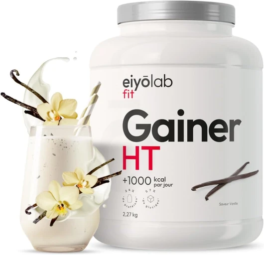 GAINER HT - Proteine Whey + Isolate + Maltodextrine - Gainer Prise de Masse Musculation - 5 Sources de Protéines + 2 Sources de Glucides + MCT - Boisson Shaker Goût Vanille - 2,27kg - Eiyolab
