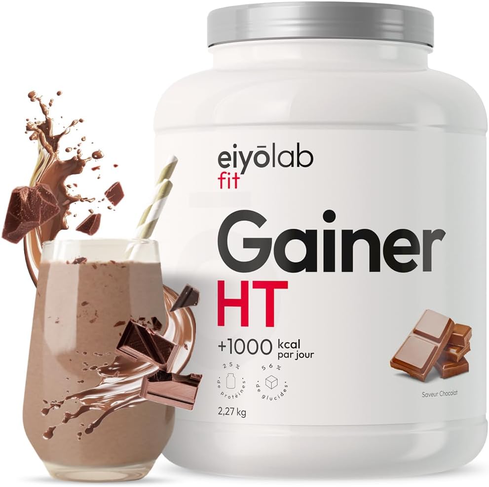 GAINER HT - Proteine Whey + Isolate + Maltodextrine - Gainer Prise de Masse Musculation - 5 Sources de Protéines + 2 Sources de Glucides + MCT - Boisson Shaker Goût Chocolat - 2,27 kg - Eiyolab