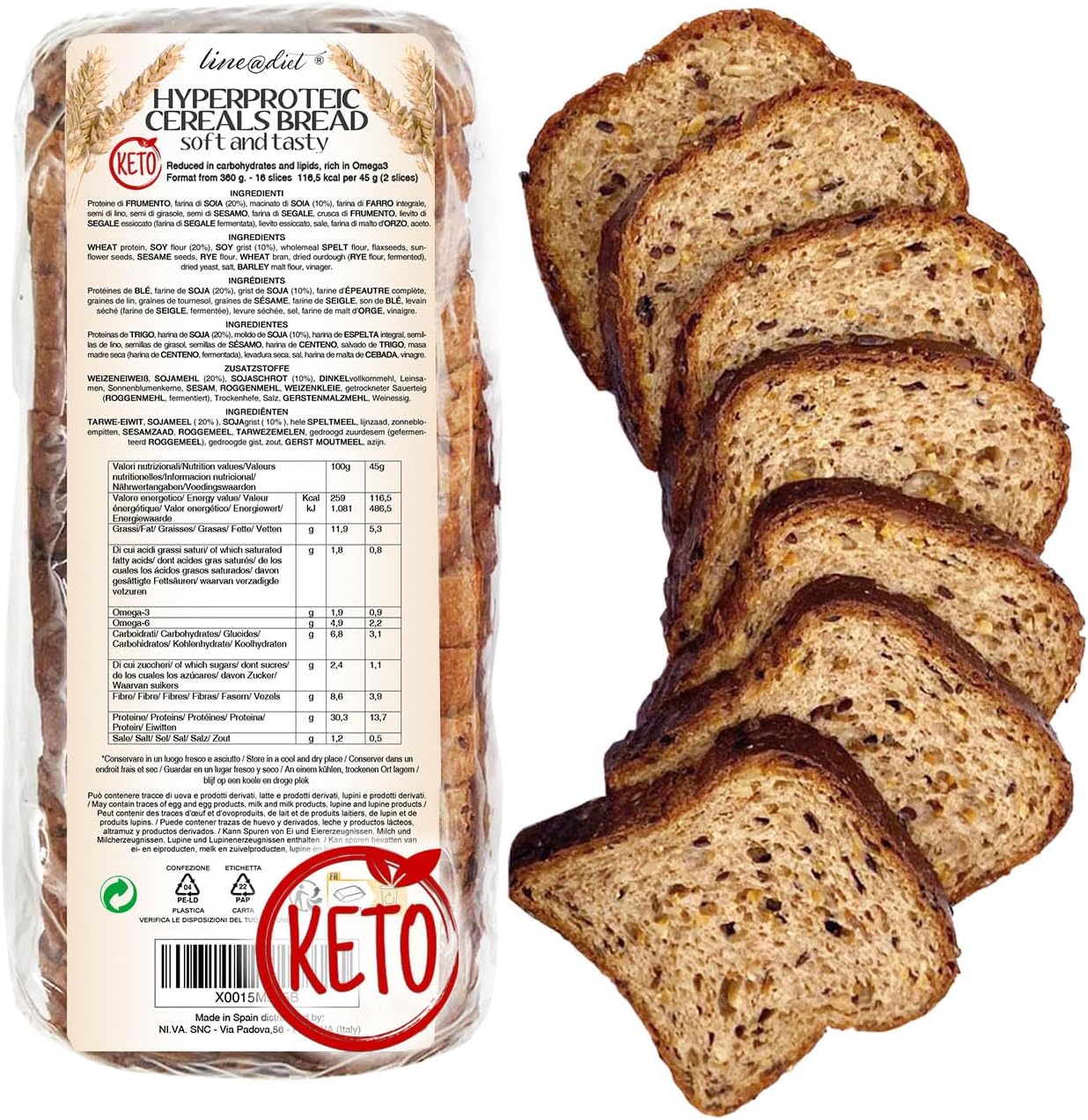 1 paquet de pain protéiné avec céréales Line@diet - riche en protéines, pauvre en glucides, hypocalorique, sans sucre