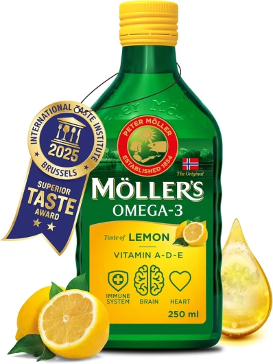 Moller’s ® - Huile de foie de morue oméga 3 - Compléments alimentaires oméga-3 avec EPA, DHA, vitamines A, D et E - Prix Superior Taste - Marque vieille de 166 ans - Citron - 250 ml