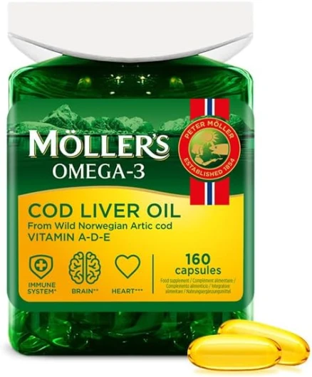 Möller’s ® - Capsules d’huile de foie de morue - Acides gras oméga 3 DHA & EPA, vitamines A, D et E, système immunitaire, fonction cardiaque, fonction cérébrale et vision - 160 capsules