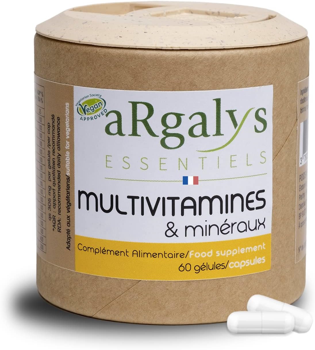 Multivitamines et minéraux (2 mois) - 20 Nutriments - Vitamines A, B, C, D3, E, K1 et H - Iode, Sélénium + Magnésium - Homme/Femme - Vegan - 60 gélules fabriquées en France - Argalys Essentiels