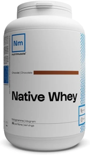 Whey Native 1kg Chocolat - Protéine Whey jusqu'à 80% de protéines par dose - 28,6 g de Protéines par does - Lait français - Musculation et Fitness - Prise de Muscle