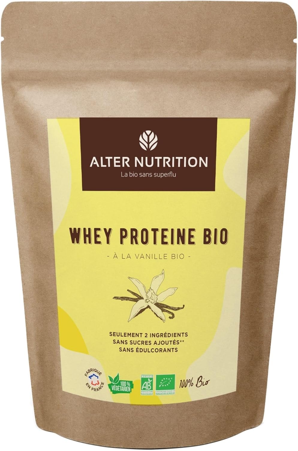 Whey Protéine Bio - Vanille - Prise De Masse - Récupération - BCAA - Lait De Vache Bio - Sans Sucres Ajoutés - Fabriqué En France - 19g De Protéines Par Scoop - Sachet De 1kg