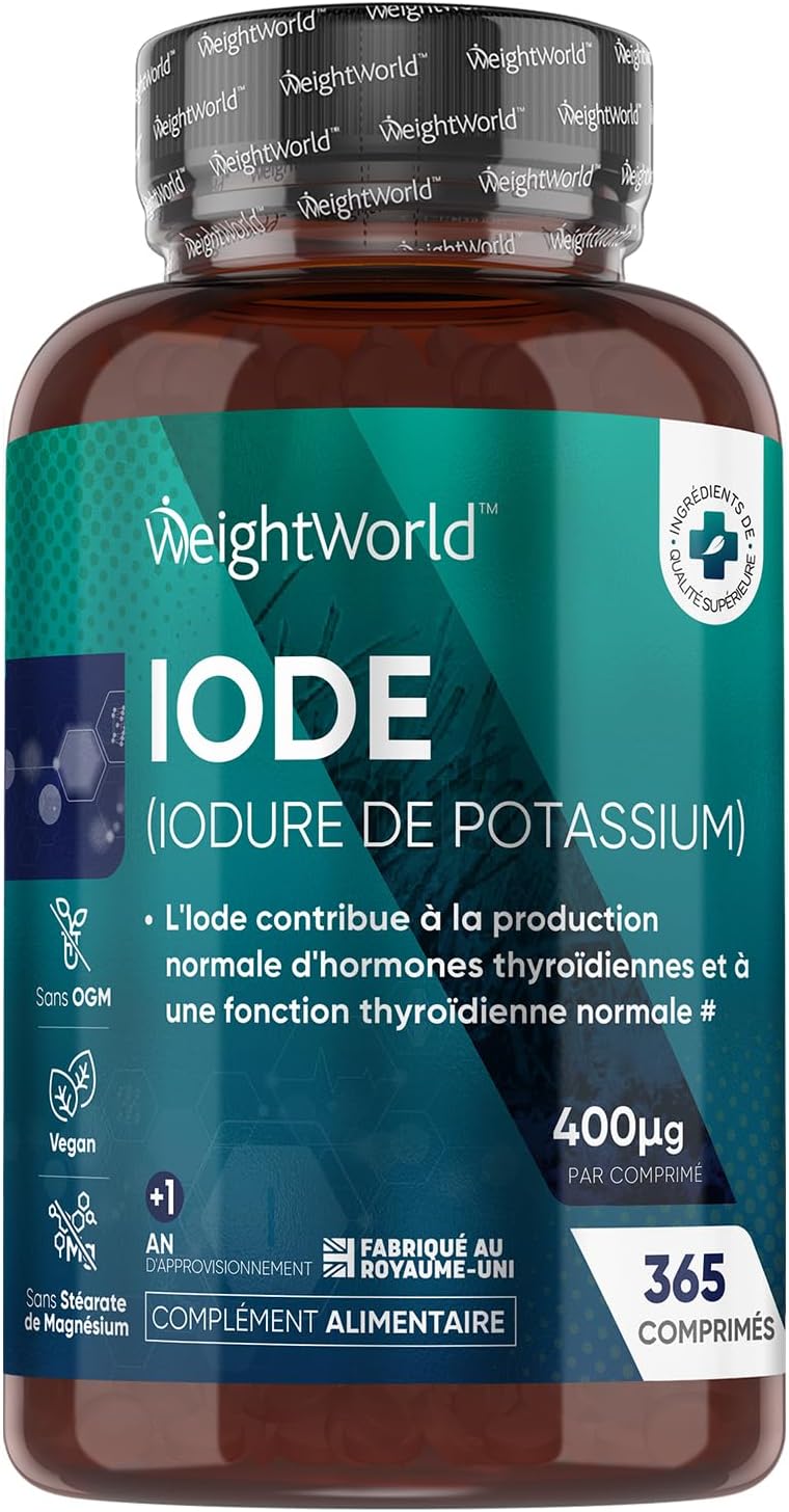 Iode de Potassium Stable Thyroïde 400μg - 365 Micro Comprimés Vegan (5mm) - 1 Tous les 3 Jours - Iodure de Potassium sans Éléments Radioactifs - Métabolisme, Peau Normale (EFSA) - WeightWorld