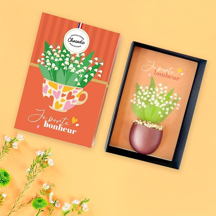 CHOCOLAT 1ER MAI MUGUETS AVEC POT EN CHOCOLAT 3D - PORTE BONHEUR MUGUET