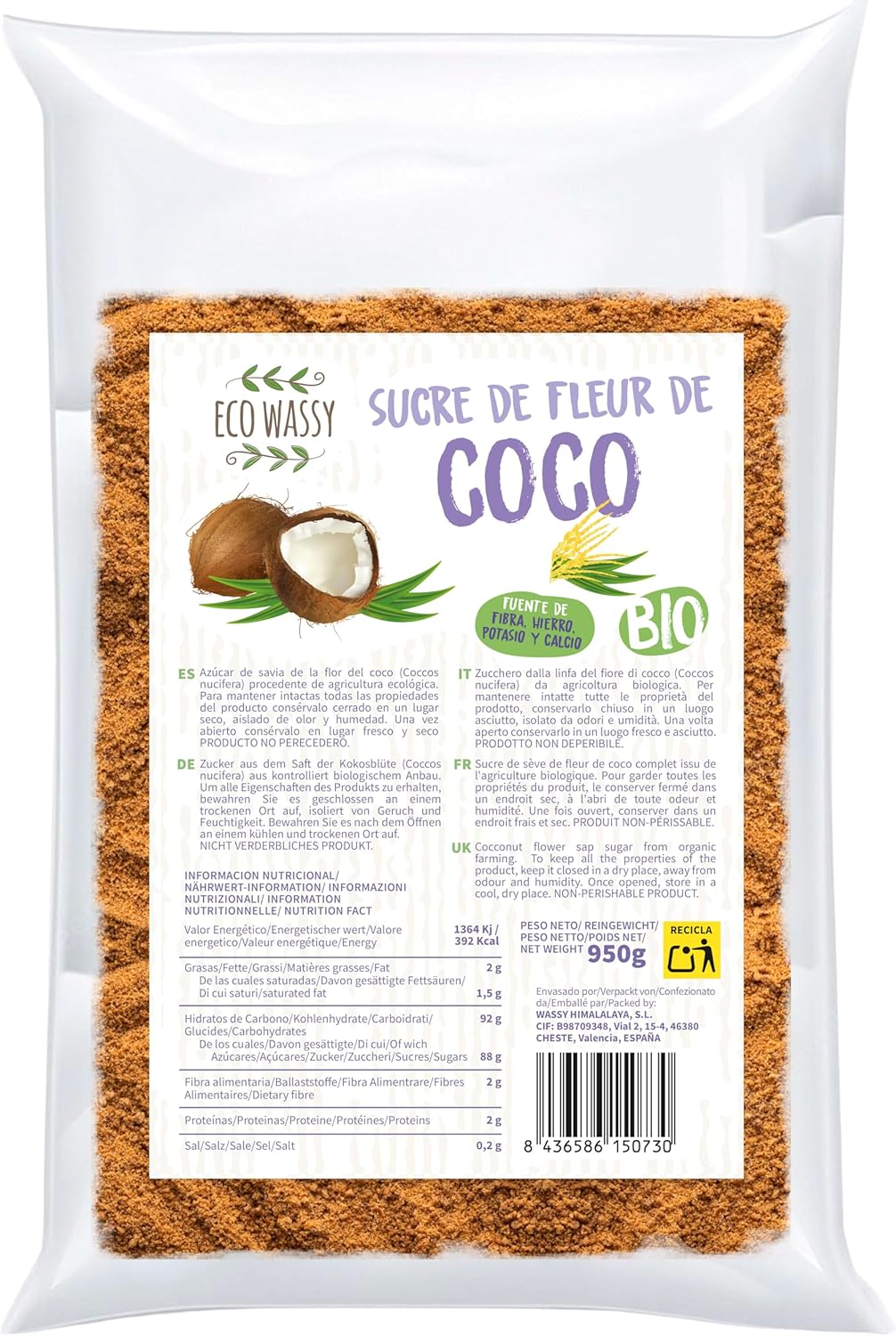 ECO WASSY Sucre De Fleur De Noix De Coco Biologique - Sucre Biologique, Sans Gluten - 100% Naturel Et Avec Un Faible Indice Glycémique - Sans Gluten - Sucre Biologique, Végétalien.