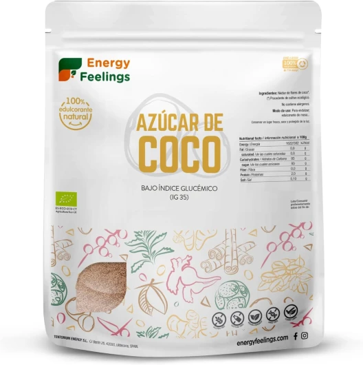 Energy Feelings Sucre de Coco Bio 1 kg, Pack XXL pour une Douceur Naturelle, Notre Sucre de Fleur de Coco est Idéal pour les Desserts, Sucre Complet, Gluten Free, à Base de Noix de Coco
