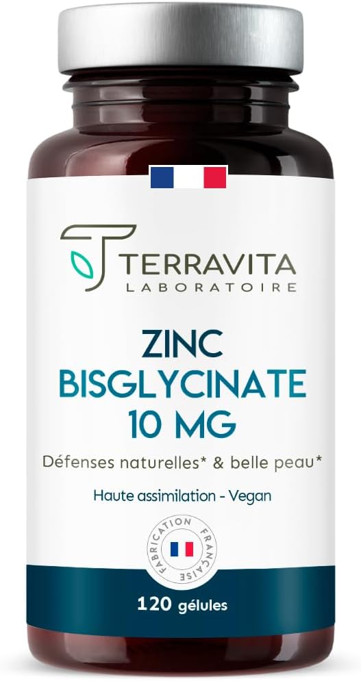 ZINC Bisglycinate Pur - Complément Alimentaire Breveté TRAACS - Assimilation Supérieure au Zinc Citrate et Gluconate (+43%) - Peau et Immunité - 120 Gélules Végétales - Made in France - Terravita