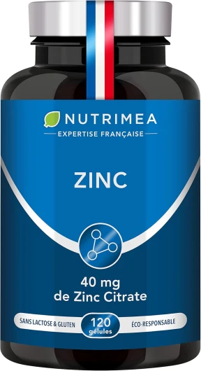 ZINC Citrate - Formule 100% Pure - Haute Absorption - Aide à Lutter Contre l'Acne - Apporte 40 mg de dont 12,5 mg de Zinc Élément (Zn) - 120 Gélules Vegan - Nutrimea - Fabriqué en France