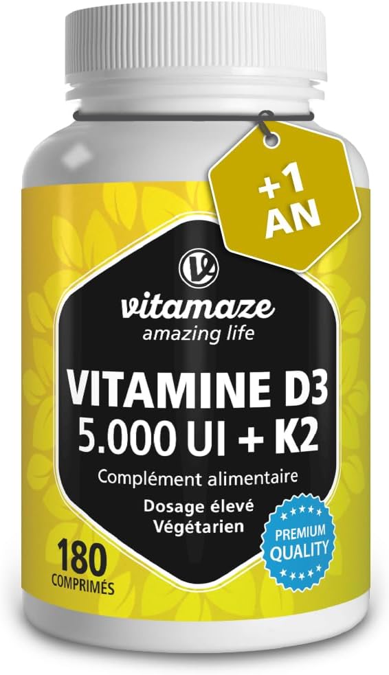 Vitamine D3 K2 Haute Dose, Vitamine D3 5000 UI + Vitamine K2 (MK7) 100µg - Pour les Os, les Muscles, le Système Immunitaire - Naturelle Sans Additifs et Haute Biodisponibilité - Qualité Allemande