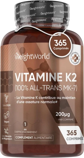 Vitamine K2 MK7 100% All-Trans Pure - 200 µg/Jour - 365 Comprimés Vegan - K2 Hautement Biodisponible - Coagulation Sanguine & Maintien d'une Ossature Normale EFSA - Sans Stéréate de Magnésium