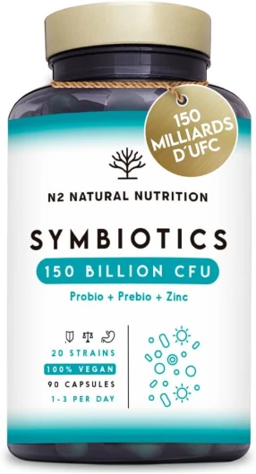 Probiotique Flore Intestinale 150 Milliards UFC, 20 Souches de Bactéries + Zinc + Inuline - Probiotiques pour la Régénération Digestive et Microbiote - 90 gélules, Végétalien - N2 Natural Nutrition