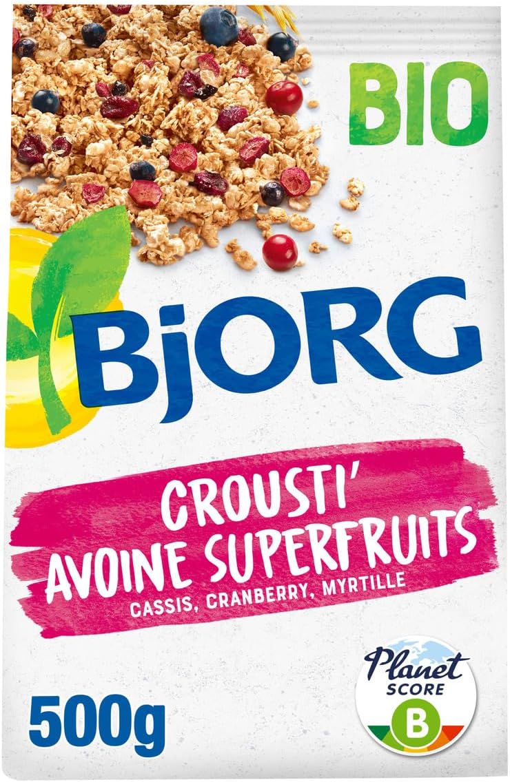 Céréales Bio Crousti' Avoine Superfruits (Cassis, Cranberry & Myrtille) - Aux Céréales Complètes - Sans Huile de Palme - Réduit en Sucres - Sachet de 500 g