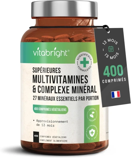 Multivitamines et Minéraux 400 Comprimés Multivitamines Femme/Homme, Complement Alimentaire Vitamine Fatigue Intense, Immunité Adulte, Cure Vitamine Adulte Vitamines Minéraux et Compléments VitaBright