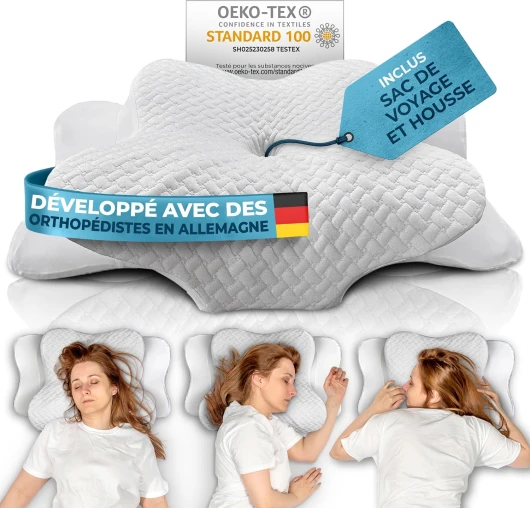 Oreiller Ergonomique Cervical [pour Tous Les Types DE Sommeil] - Oreiller Ergonomique & Orthopedique - Coussin Cervicales Douloureuses pour Dormir - Ergonomic Anti Ronflement & Confort