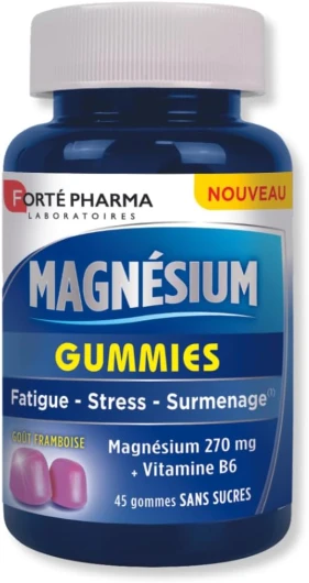 Magnésium Gummies - Complément Alimentaire Stress à base de Magnésium, Vitamines B6 et Spiruline - Anti Stress Adulte Et Enfants Dès 4 Ans - 45 gommes à mâcher - Goût Framboise