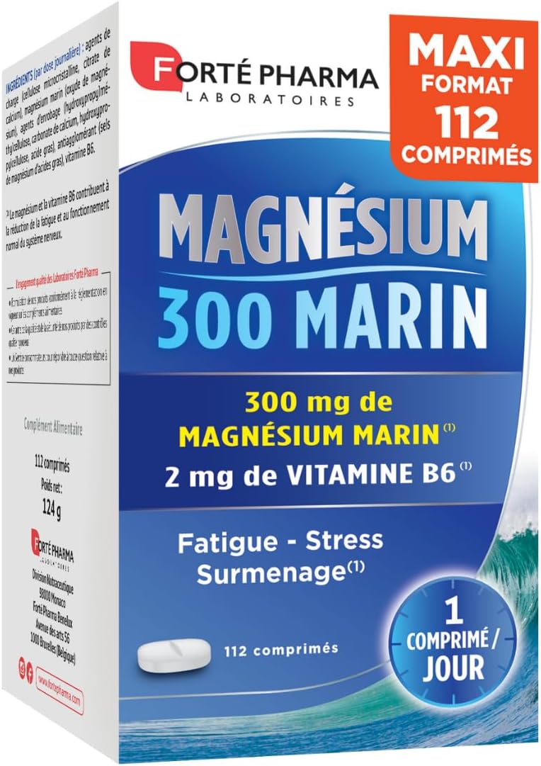 Magnésium 300 Marin - 300mg De Magnésium Marin - Stress, Fatigue, Anxiété, Surmenage, Irritabilité - Vitamine B6 - Maxi format 4 mois, 112 comprimés, 1/jour