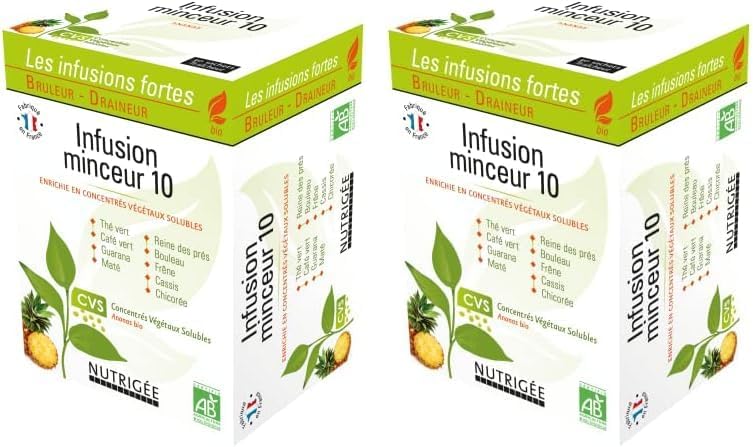 Infusion Minceur 10 Bio - Double Action - Brûle & Draine - Thé Vert, Café Vert, Guarana, Maté, Reine Des Prés, Bouleau, Frêne, Cassis, Chicorée - Concentrés Végétaux Solubles - 30 Sachets