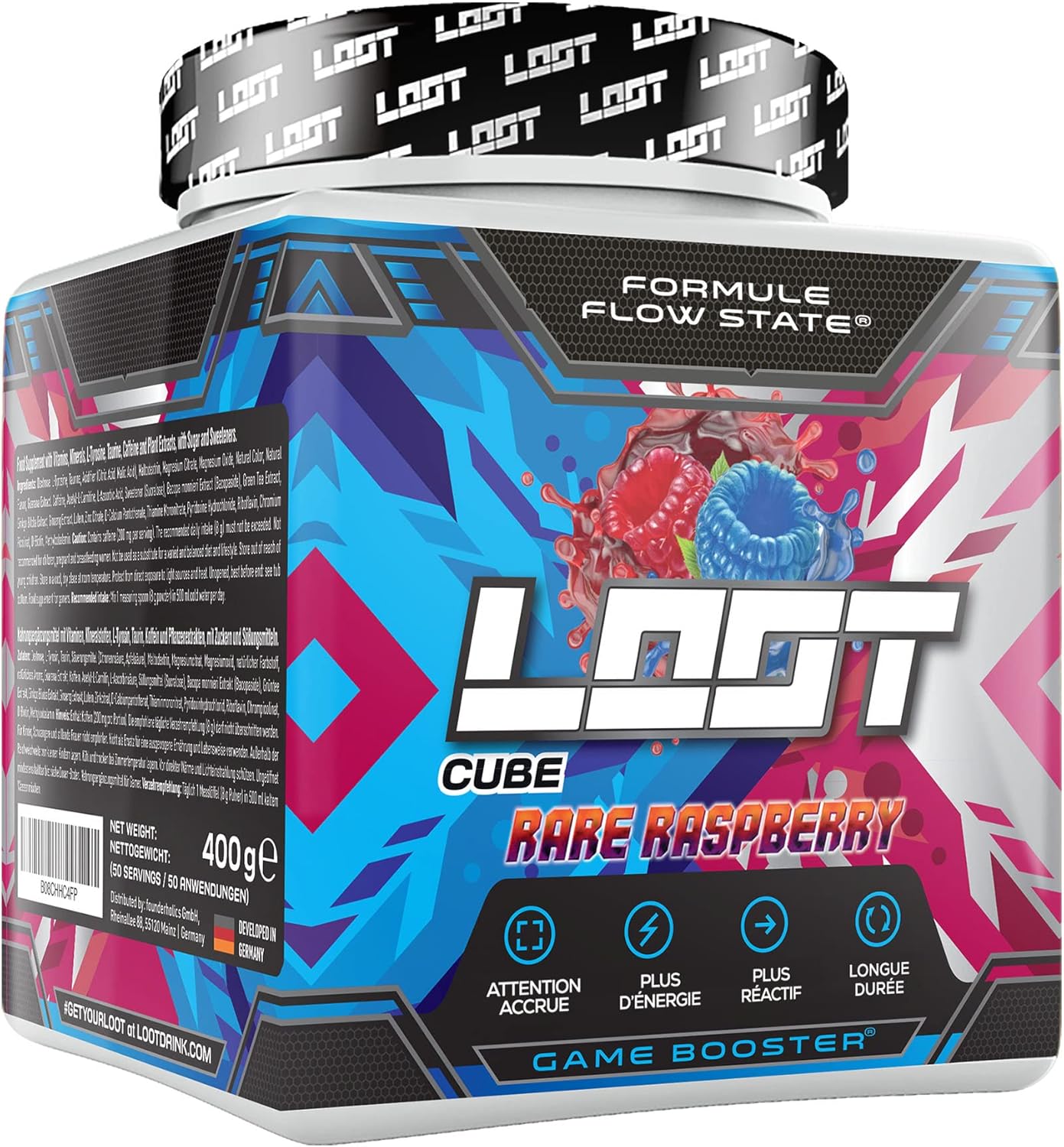 ® - Booster de jeu premium avec la formule Flow-State® - 50 portions (400g) avec caféine - 20 ingrédients à forte dose - Conception unique - Concentration Stamina Reactivity - Rare Raspberry
