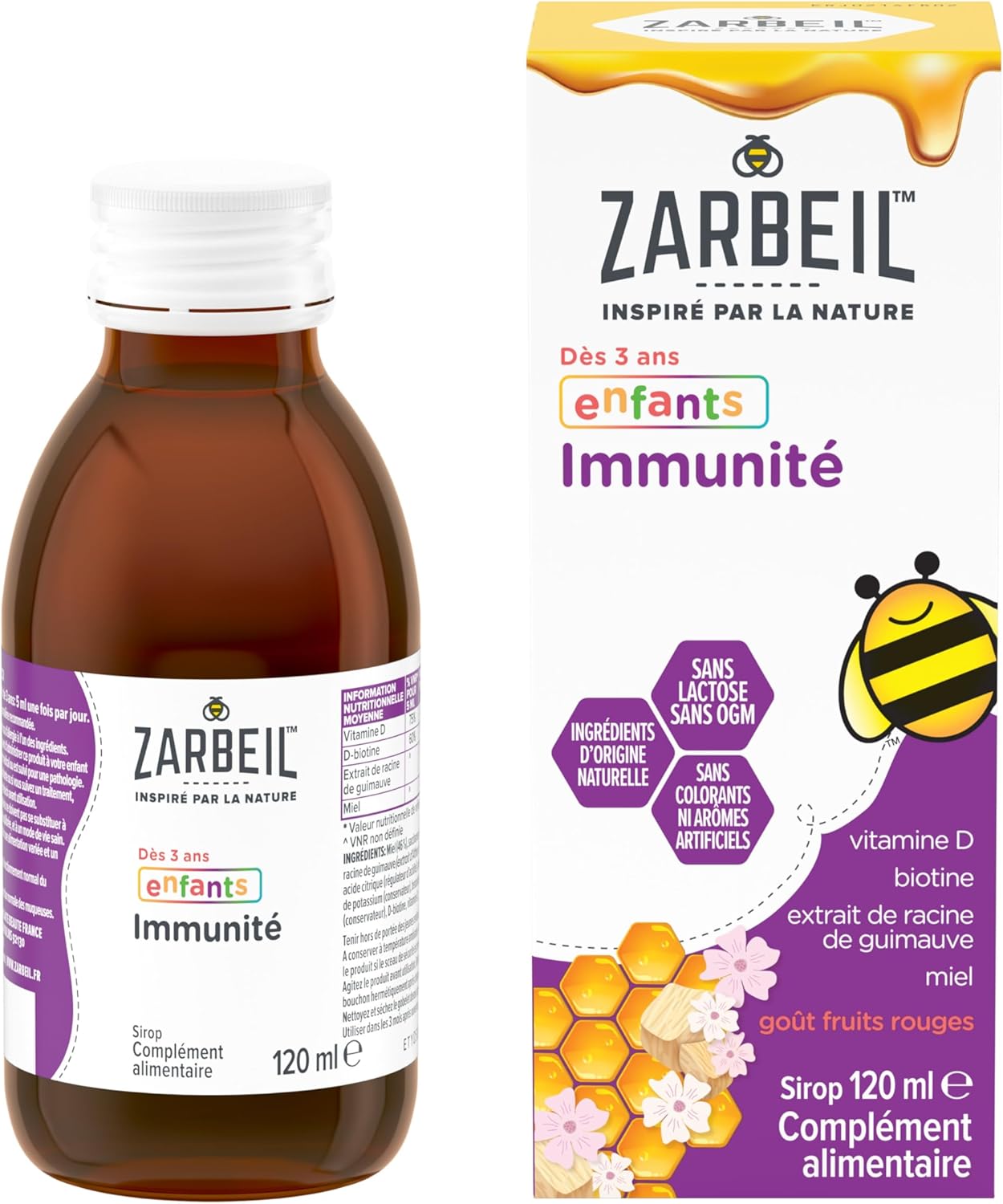 Sirop Immunité Enfants (flacon de 120 ml) – Complément alimentaire avec vitamine D, biotine, extrait de racine de guimauve et miel – Sirop goût fruits rouges pour enfants dès 3 ans