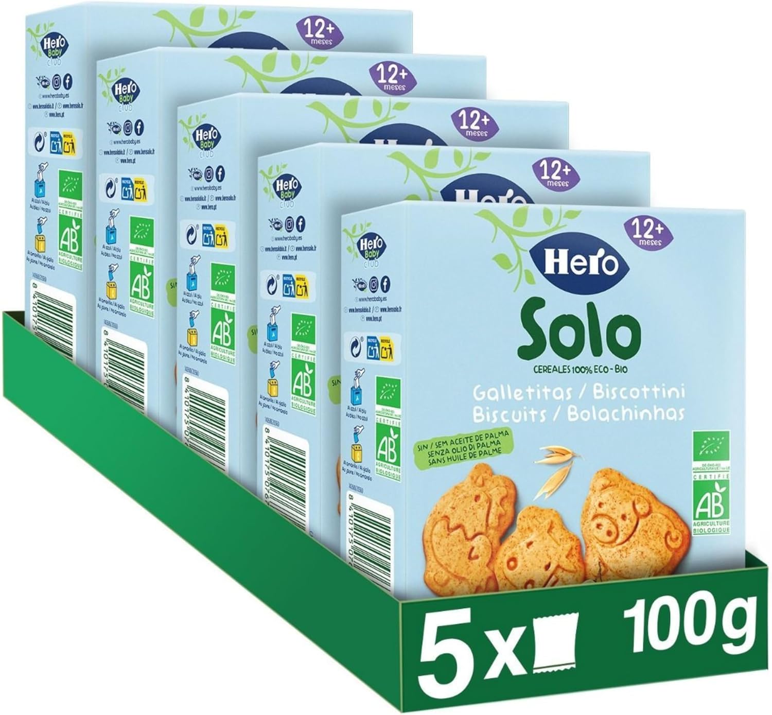 Hero Solo BIO - Snack Biscuits Animaux - pour Bébés Des 12 Mois - 100% BIO et Naturels, Sans Huile de Palme - Lot de 5 X 100 g