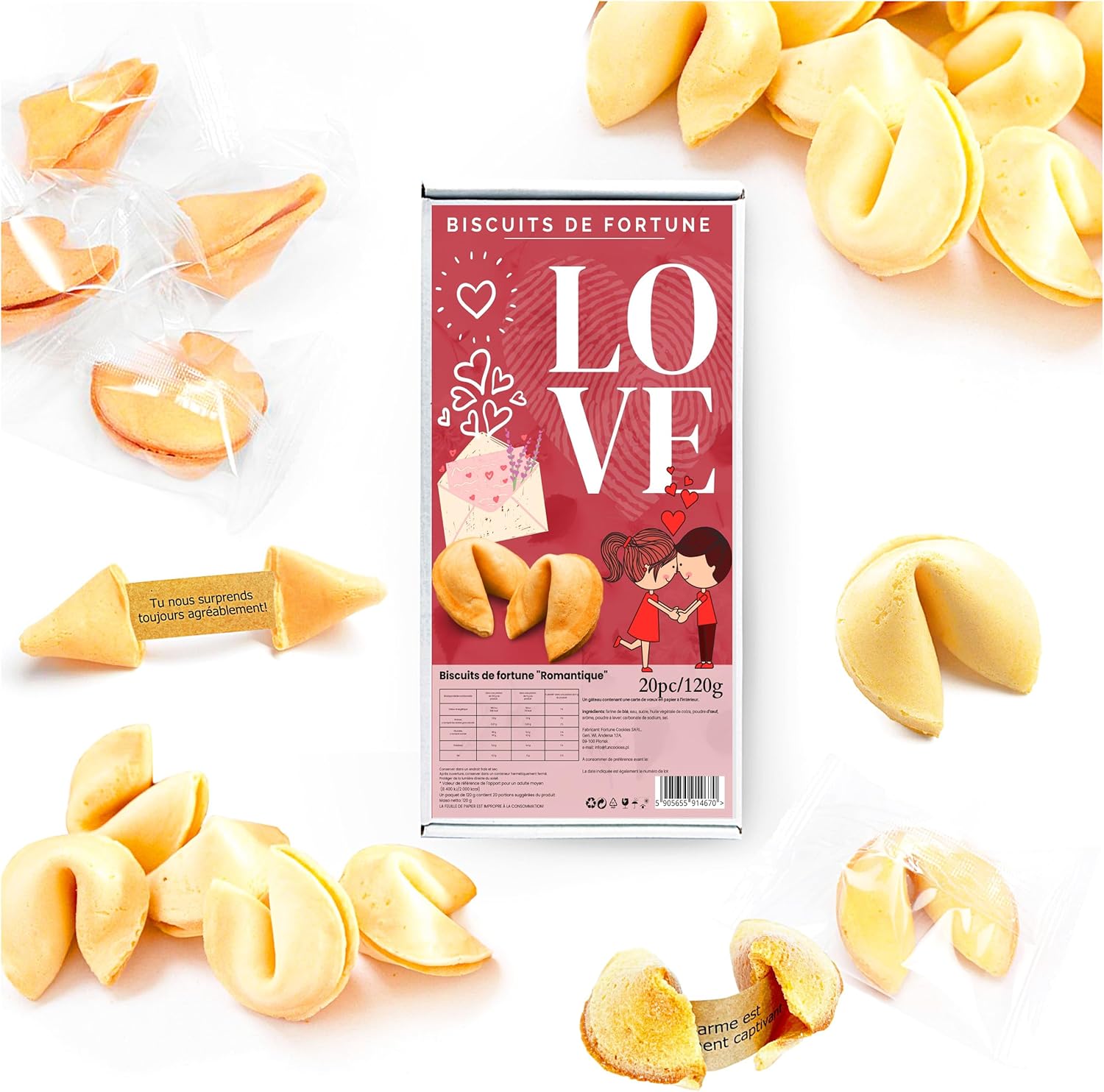 D&D Fun Cookies biscuits de fortune compliments de blanc 20 biscuits boîte 120g COMPLIMENTS, ROMANTIQUE, action de grâce végétalienne, petits cadeaux pour la famille, les amis et les collègues