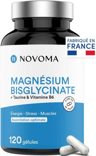 Magnésium Bisglycinate + Taurine & Vitamine B6, Haute Teneur 300mg /j, 120 gélules, Combat la Fatigue et le Stress, Mieux Absorbé que le Magnesium Marin, Fabriqué en France