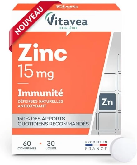 Vitavea - Zinc - Haut dosage 15 mg - Complément alimentaire immunité - Système immunitaire, défenses naturelles et antioxydant - Zinc biodisponible - 60 comprimés - Cure 1 mois - Fabriqué en France