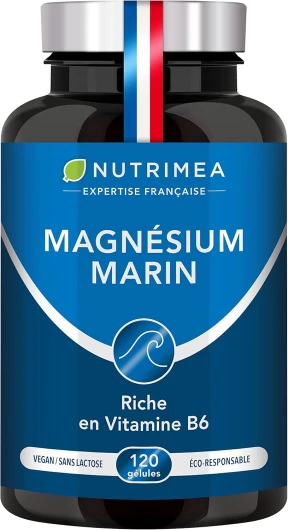 Magnésium Marin et Vitamine B6 - Combat Efficacement la Fatigue - 150 mg/jour - 120 Gélules d'Origine Végétale - 4 Mois de Cure - Fabrication Française - Nutrimea