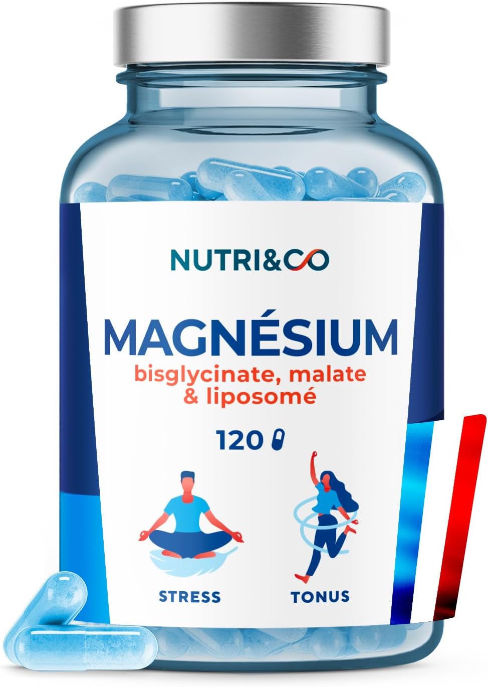 NUTRI & CO Magnésium Bisglycinate Malate & Liposome + Vitamine B6 - Haute Teneur 300mg/j Haute Absorption Supérieure au Magnésium Marin - Fatigue & Stress - 120 gélules Fabriqué en France