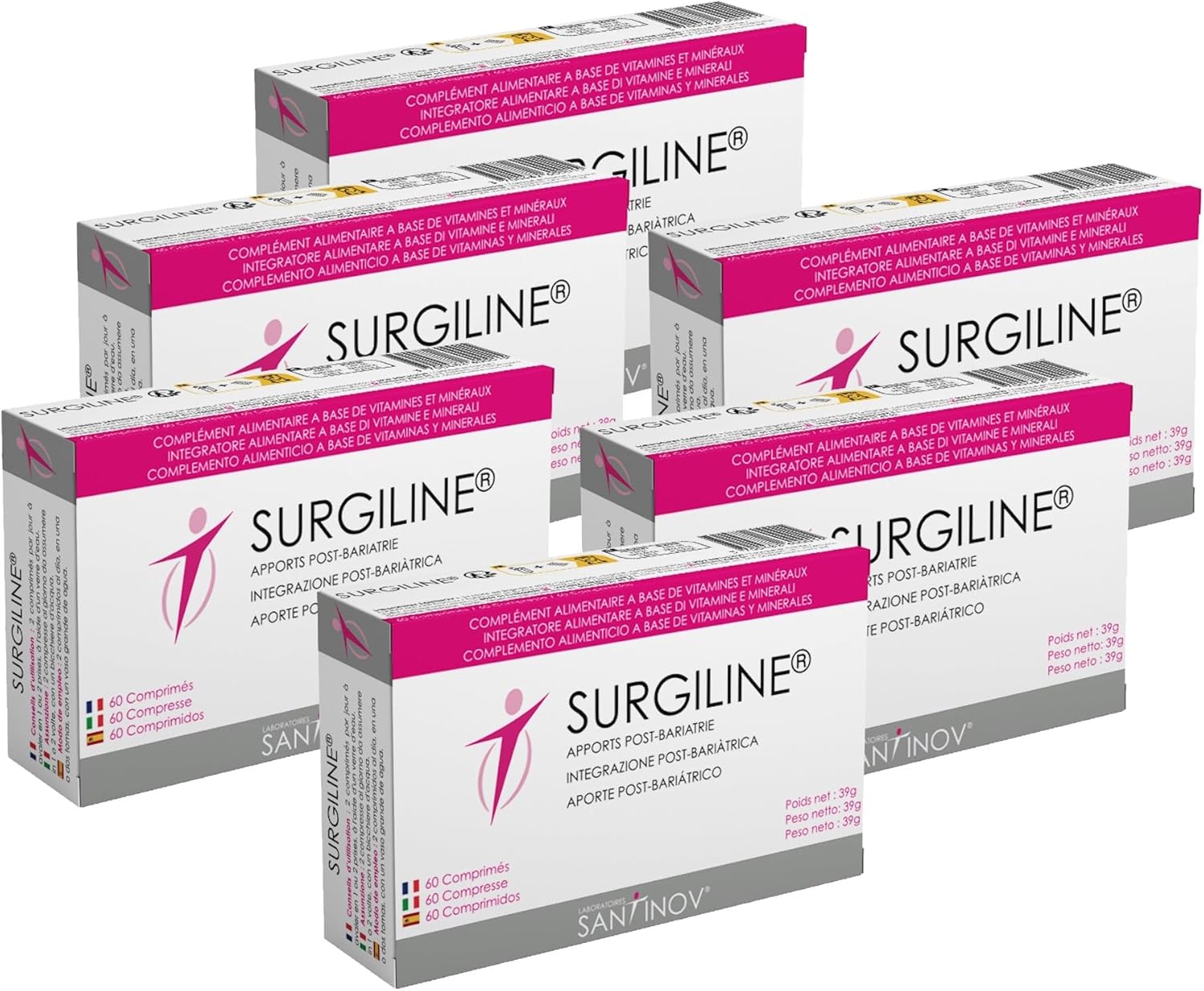 SANTINOV - SURGILINE - Comprimés Post Bariatrie - Sleeve Gastrectomie, by-pass, anneau gastrique - 2 complémentations en une : vitamines et minéraux + magnésium - Lot de 6