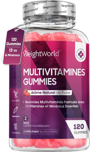 Gummies Multivitamines et Minéraux, 120 Gummies Au Goût Naturel Fraise, Avec 13 Vitamines Minéraux Essentiels Vitamine A, B, C et D, Biotine et Zinc, Multivitamines Pour Adultes 2 Mois de Stock