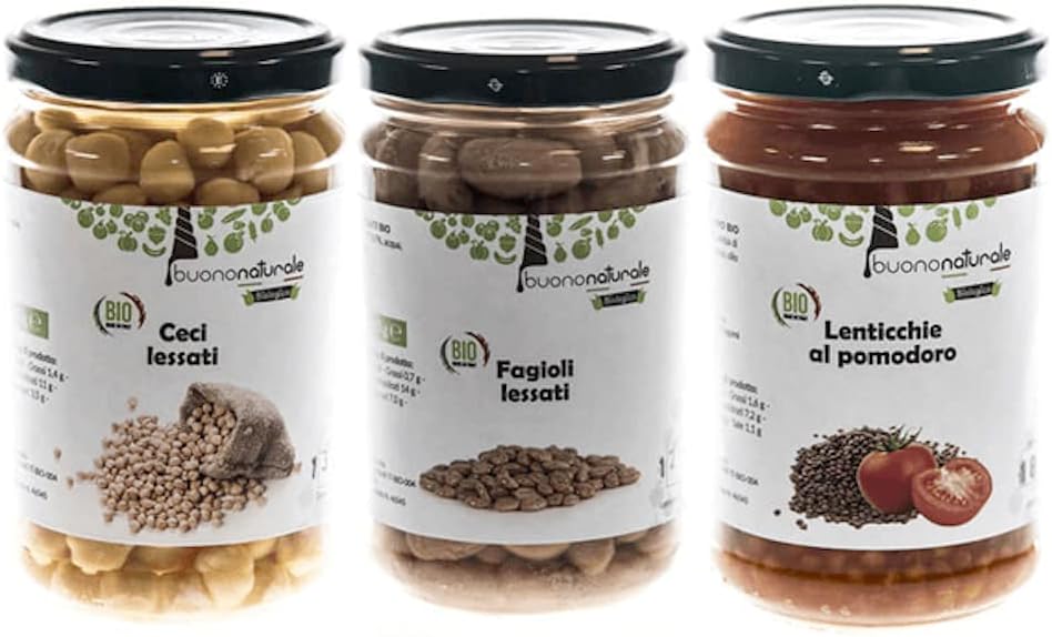 Boîte aux légumes BIO 1,8kg — mélange de légumineuses italiennes bouillies: 2pcs Lentilles au tomate BIO, 2pcs Haricots borlotti bouillis BIO et 2pcs Pois chiches bouillis BIO (6x300g)