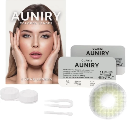 Lentilles Couleur Gris "QUARTZ" Naturel : Kit Complet (2 Lentilles, Pince, Ventouse Et Étui), 12 Mois, Sans Correction, Sans Prescription, 0 Dioptrie et DIA 14.2mm - AUNIRY