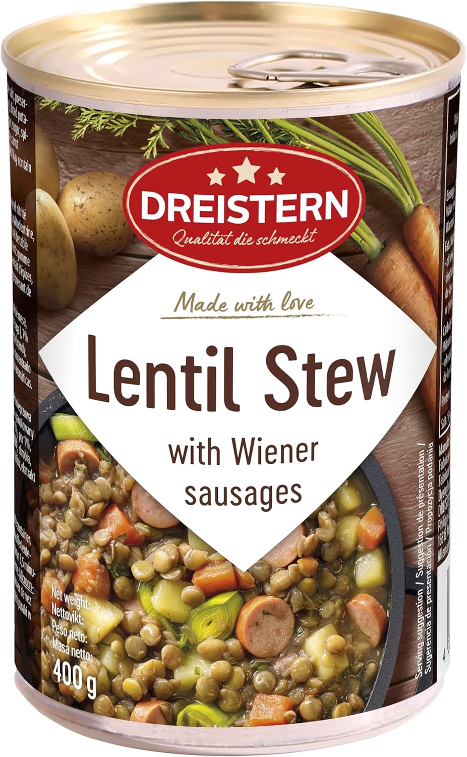 DREISTERN Soupe de Lentilles 400g - Avec Saucisses Viennoises & Légumes - Soupe Savoureuse dans une Conserve Recyclable - Longue Durée de Conservation grâce à une Conservation Naturelle