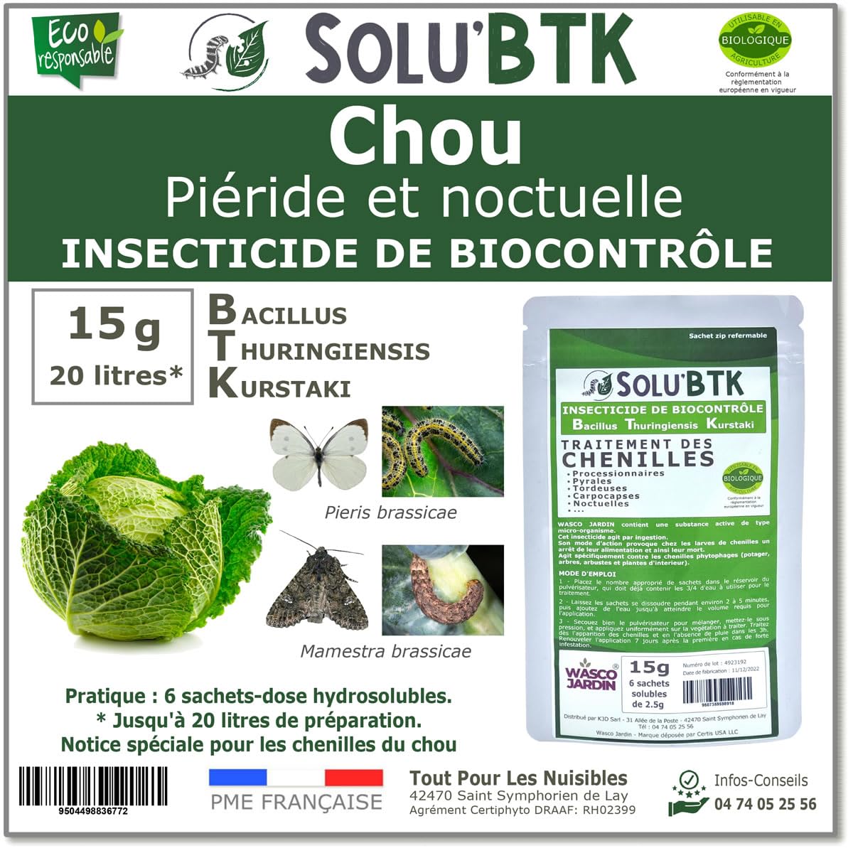SoluBTK - Chou : Piéride et Noctuelle 15 g Bacillus thuringiensis BTK - Insecticide Utilisable en Agriculture Biologique - Traitement chenilles